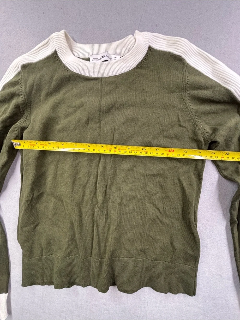 Zara Olive Green Crewneck Sweater with Cream Sleeve‎ Stripes